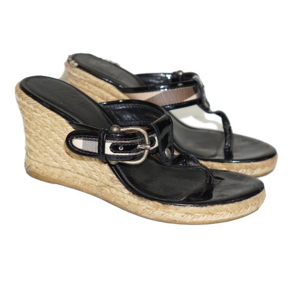 BURBERRY Straw Wedge Espadrille Sandals - Picture 1 of 5